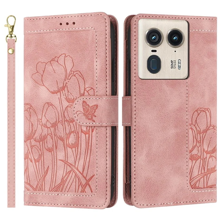 Für Motorola Moto X50 Ultra 5G / Edge 50 Ultra 5G Tulpenledertasche Handyhülle mit 5 Kartenfächern Geldbörse - Rosa