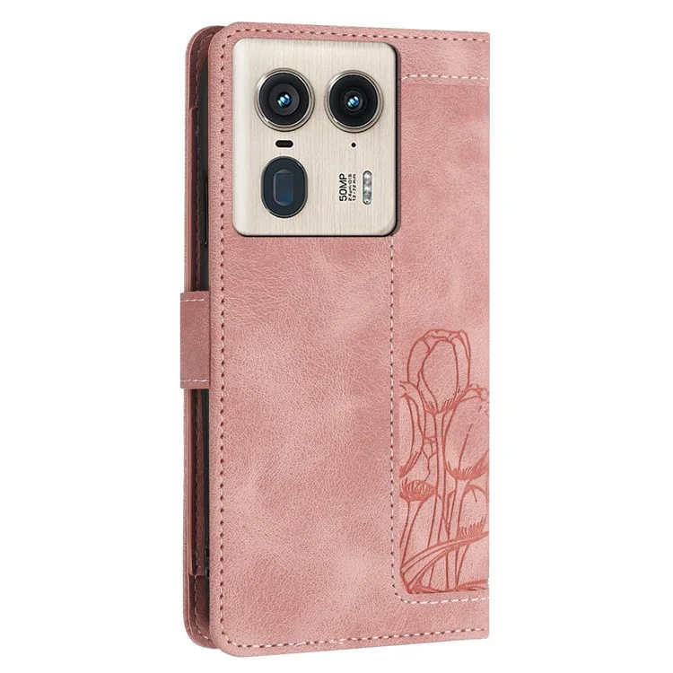 Für Motorola Moto X50 Ultra 5G / Edge 50 Ultra 5G Tulpenledertasche Handyhülle mit 5 Kartenfächern Geldbörse - Rosa