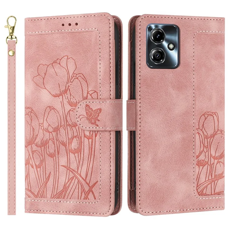 Für Motorola Moto G54 5G Tulpe Ledertasche Handyhülle mit 5 Kartenfächern Geldbörse - Rosa