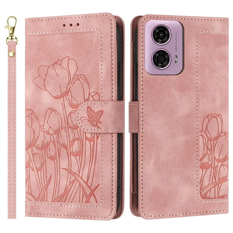 Custodia in pelle con 5 slot per schede e copertura per telefono per Motorola Moto G24 4G / G04 4G - Rosa