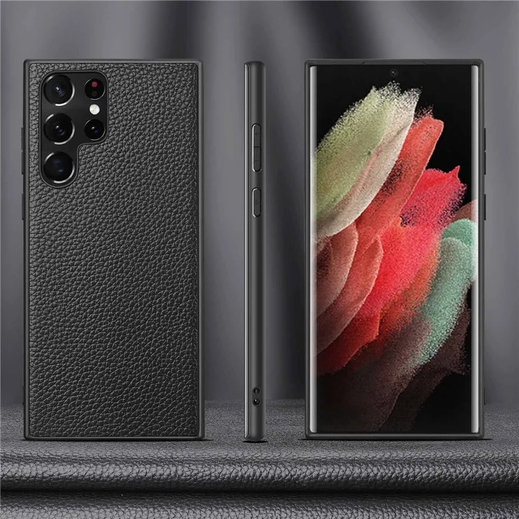 Für Samsung Galaxy S24 Ultra Hülle Litchi-Textur Echtes Leder beschichtete PC + TPU Handyhülle - Schwarz