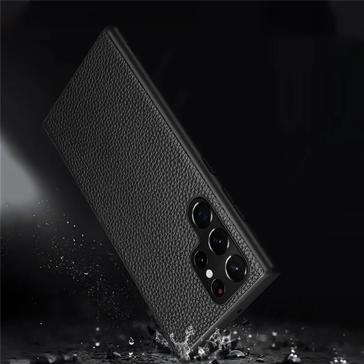Für Samsung Galaxy S24 Ultra Hülle Litchi-Textur Echtes Leder beschichtete PC + TPU Handyhülle - Schwarz