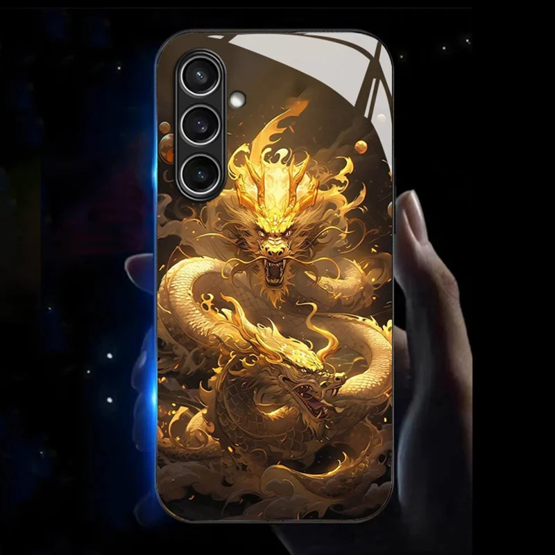 For Samsung Galaxy S25+ Case Call Flash Series Pattern Printing Tempered Glass + TPU Combo Phone Case - Golden Dragon