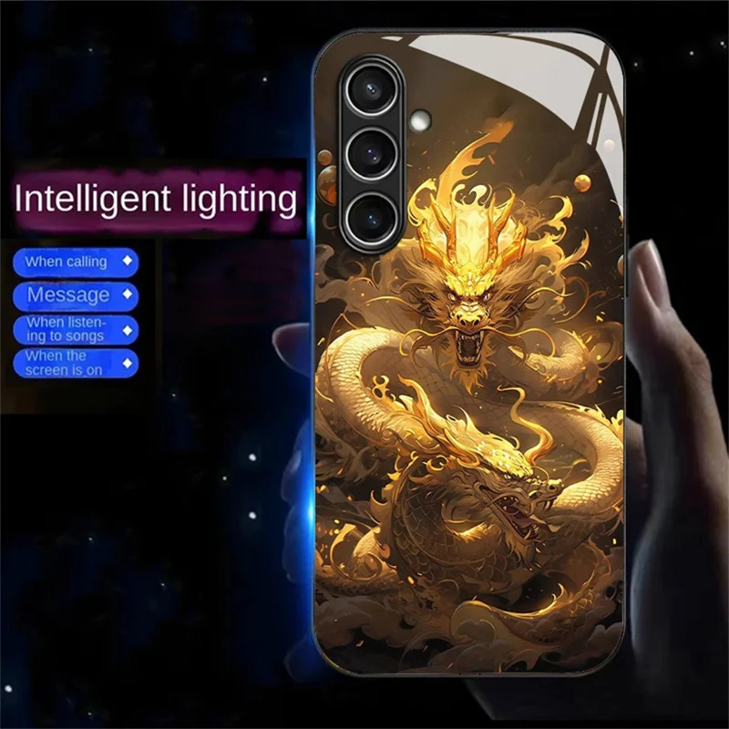 For Samsung Galaxy S25+ Case Call Flash Series Pattern Printing Tempered Glass + TPU Combo Phone Case - Golden Dragon