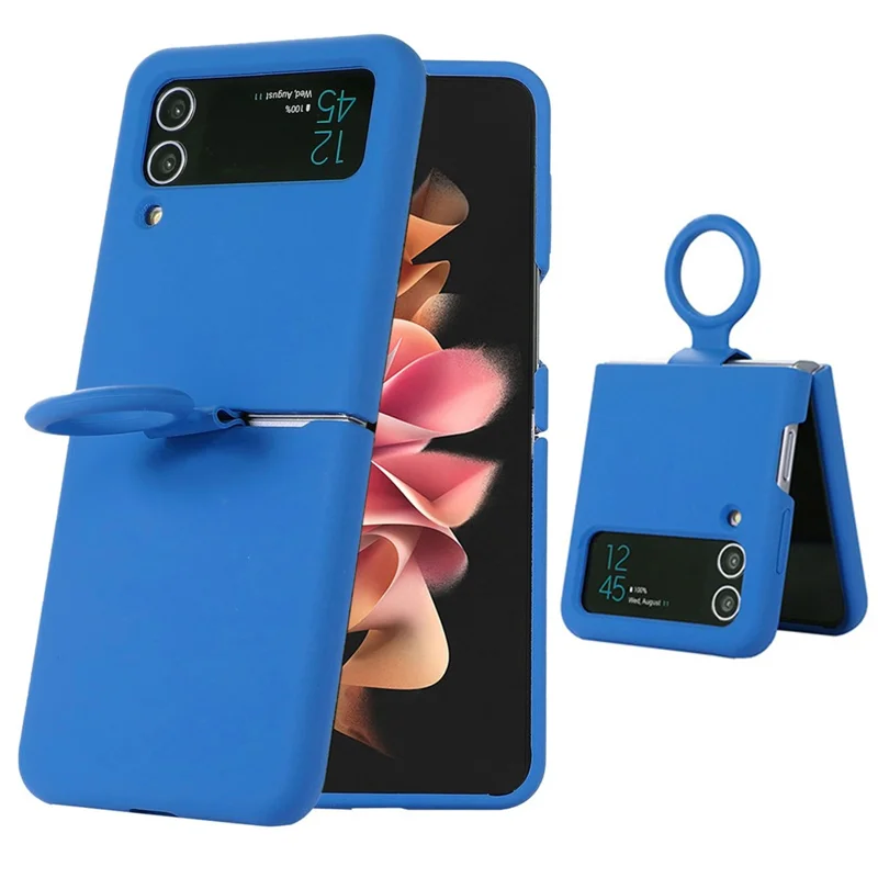 For Samsung Galaxy Z Flip3 5G Liquid Silicone Phone Case Drop-proof Folding Protective Cover with Finger Ring Holder - Navy Blue