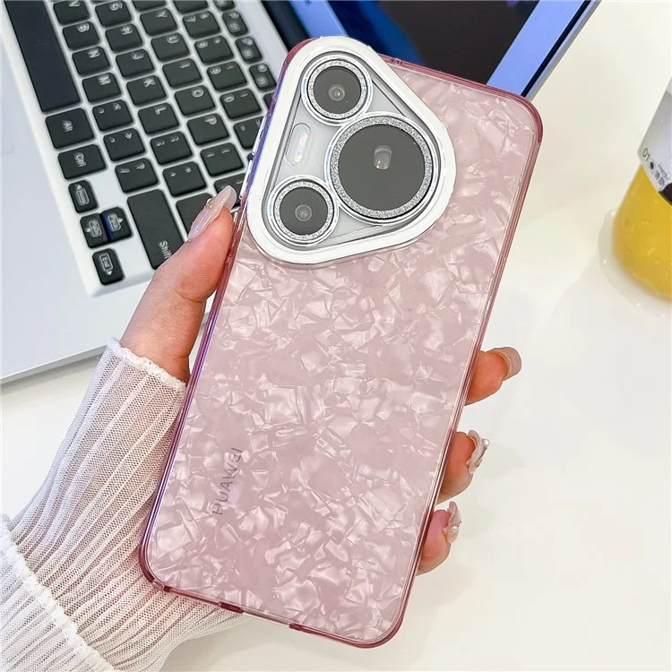 For Huawei Pura 70 Case IMD Design Shockproof Hybrid Phone Cover with Glass Lens Film - Shell Pattern  /  Pink