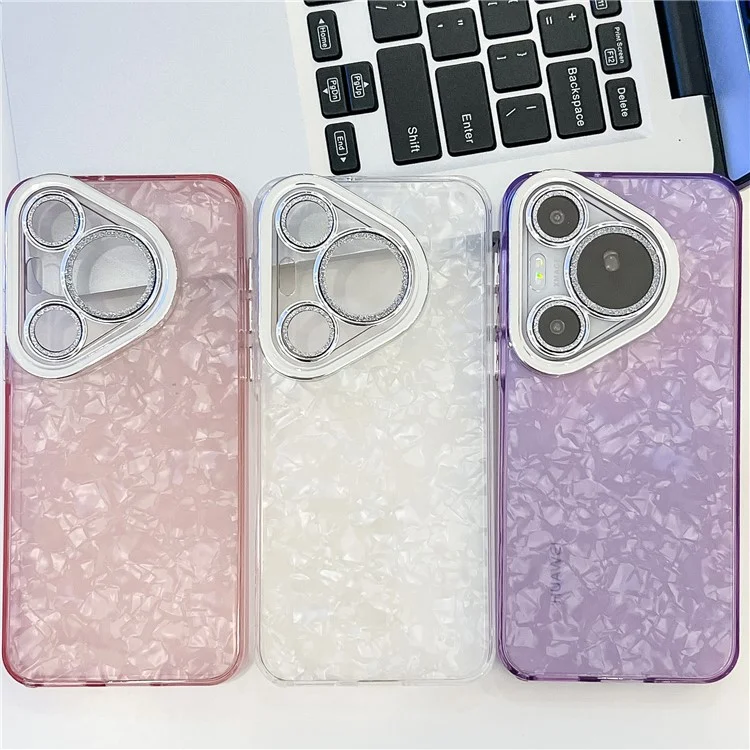 For Huawei Pura 70 Case IMD Design Shockproof Hybrid Phone Cover with Glass Lens Film - Shell Pattern  /  Pink
