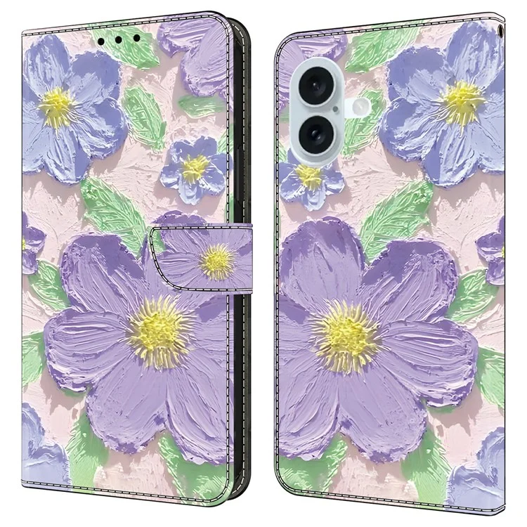Funda para iPhone 16 Plus con estampado, antideslizante, de cuero y con tapa tipo billetera - Pintura al óleo de flores moradas