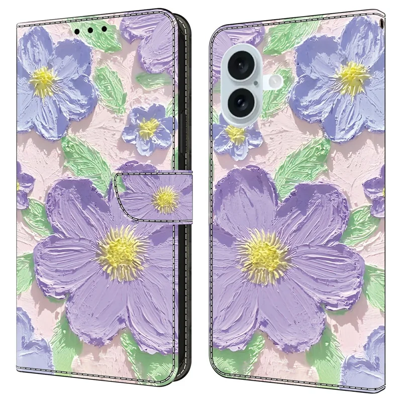 Für iPhone 16 Hülle Muster Bedrucken Anti-Drop Leder Flip Brieftasche Handyhülle - Ölgemälde Lila Blumen