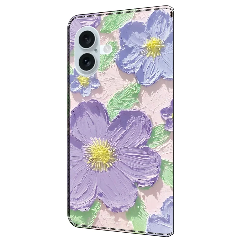 Für iPhone 16 Hülle Muster Bedrucken Anti-Drop Leder Flip Brieftasche Handyhülle - Ölgemälde Lila Blumen
