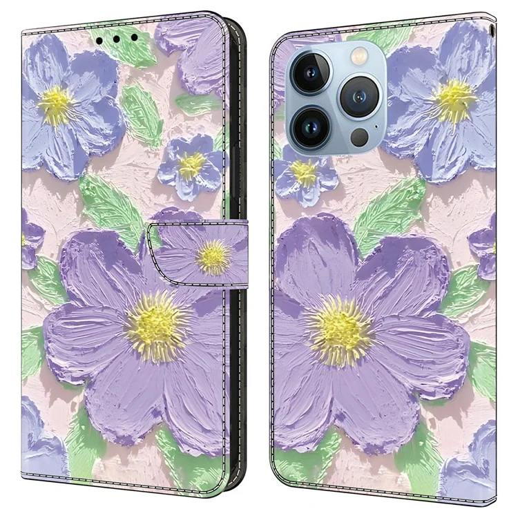 Чехол для iPhone 16 Pro Max с узором, противоударный кожаный флип-чехол-бумажник - Масляная живопись с фиолетовыми цветами