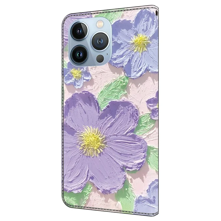 Чехол для iPhone 16 Pro Max с узором, противоударный кожаный флип-чехол-бумажник - Масляная живопись с фиолетовыми цветами