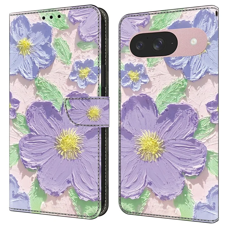 Funda de cartera con tapa de cuero anti-caída y estampado para Google Pixel 9 Pro / Pixel 9 - Flores moradas de pintura al óleo