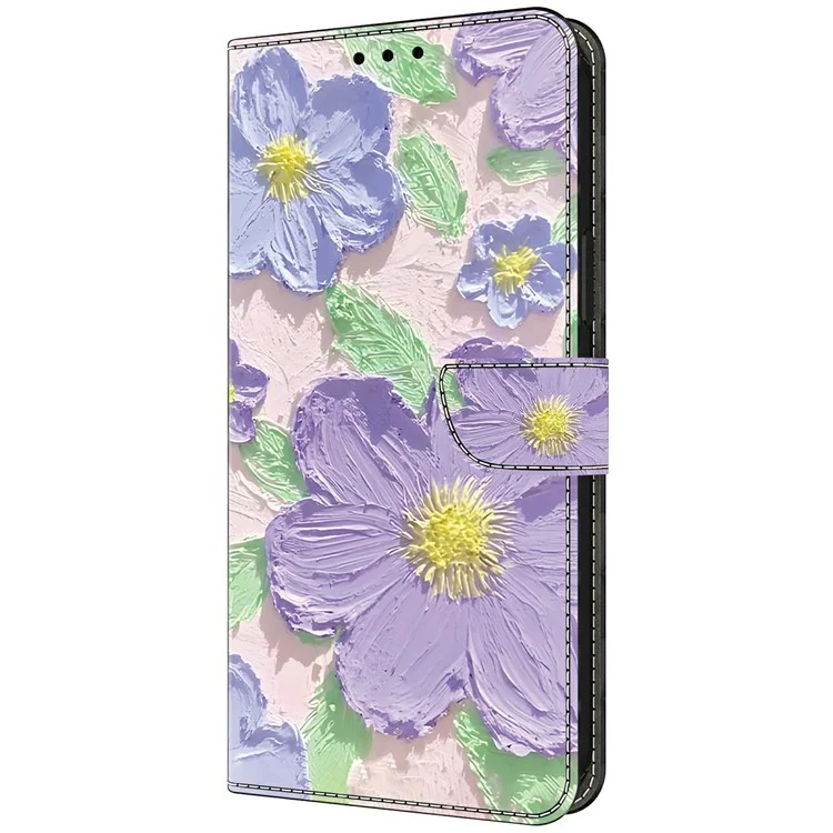 Funda de cartera con tapa de cuero anti-caída y estampado para Google Pixel 9 Pro / Pixel 9 - Flores moradas de pintura al óleo