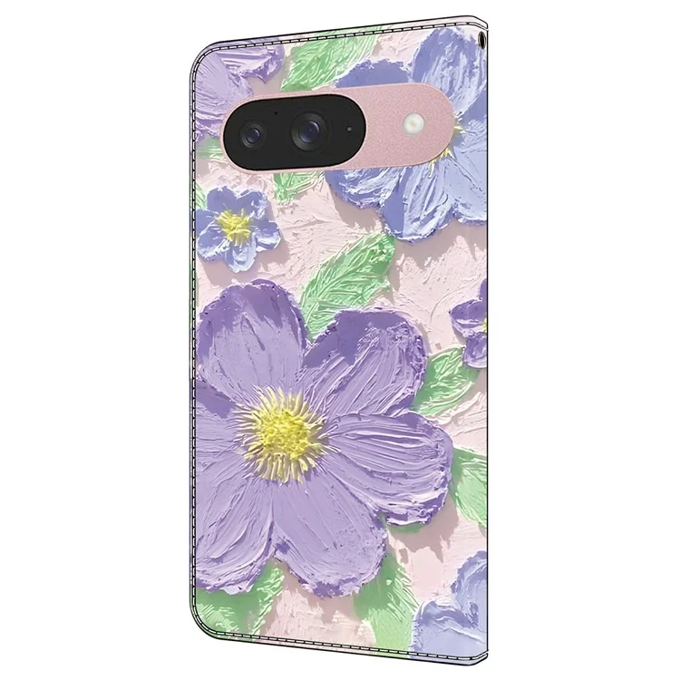 Funda de cartera con tapa de cuero anti-caída y estampado para Google Pixel 9 Pro / Pixel 9 - Flores moradas de pintura al óleo