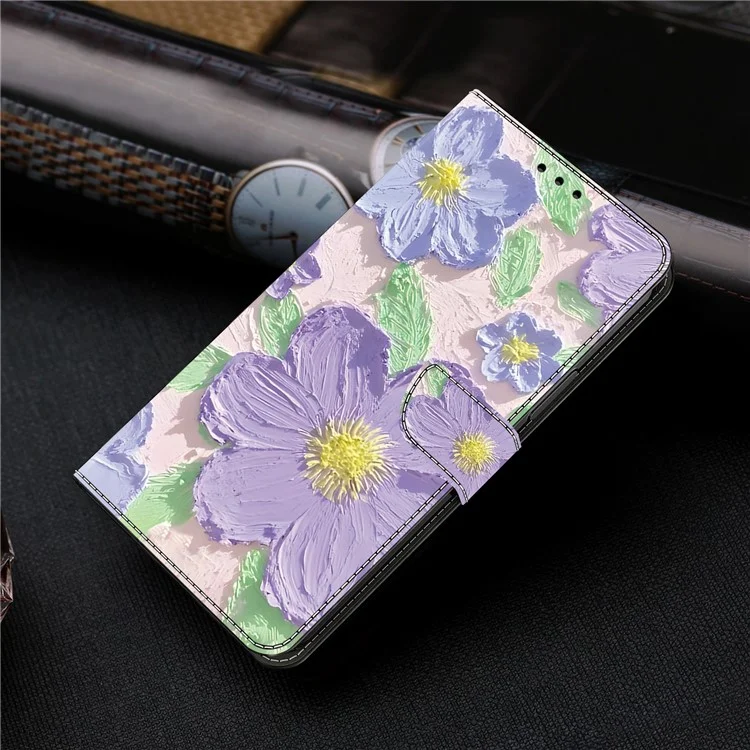 Funda de cartera con tapa de cuero anti-caída y estampado para Google Pixel 9 Pro / Pixel 9 - Flores moradas de pintura al óleo