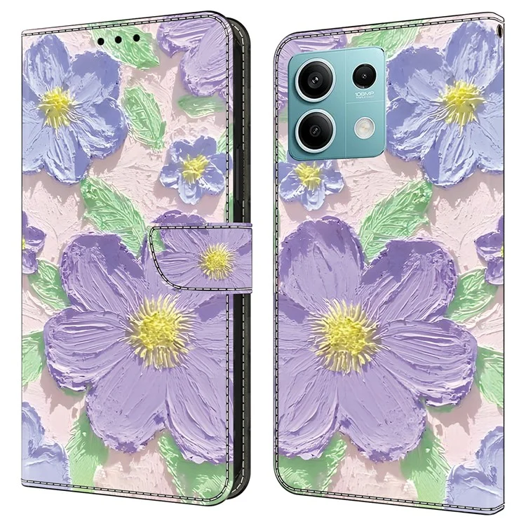 Coque pour Xiaomi Redmi Note 13 5G - Impression de motif, anti-choc, en cuir, portefeuille, étui de téléphone - Peinture à l'huile, fleurs violettes