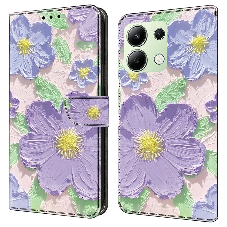 Custodia per Xiaomi Redmi Note 13 4G, stampa a motivi, anti-caduta, in pelle, flip wallet, copertina per telefono - Pittura ad olio con fiori viola
