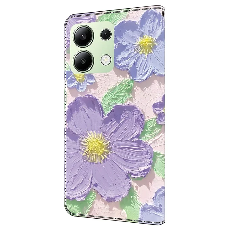Custodia per Xiaomi Redmi Note 13 4G, stampa a motivi, anti-caduta, in pelle, flip wallet, copertina per telefono - Pittura ad olio con fiori viola