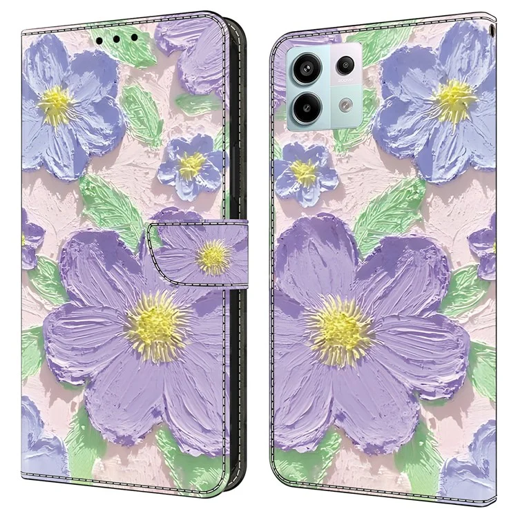 Чехол для Xiaomi Redmi Note 13 Pro 5G с узором, противоударный, кожаный, флип-кошелек, чехол для телефона - масляная живопись, фиолетовые цветы