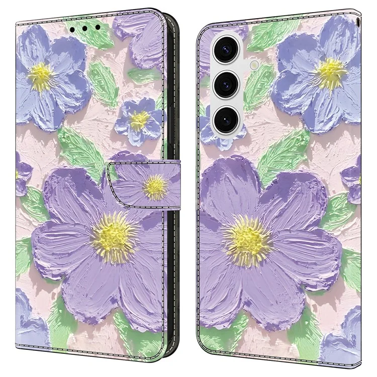 Чехол-книжка для Samsung Galaxy S25 / S24 с узором и защитой от падения - Масляная живопись, фиолетовые цветы