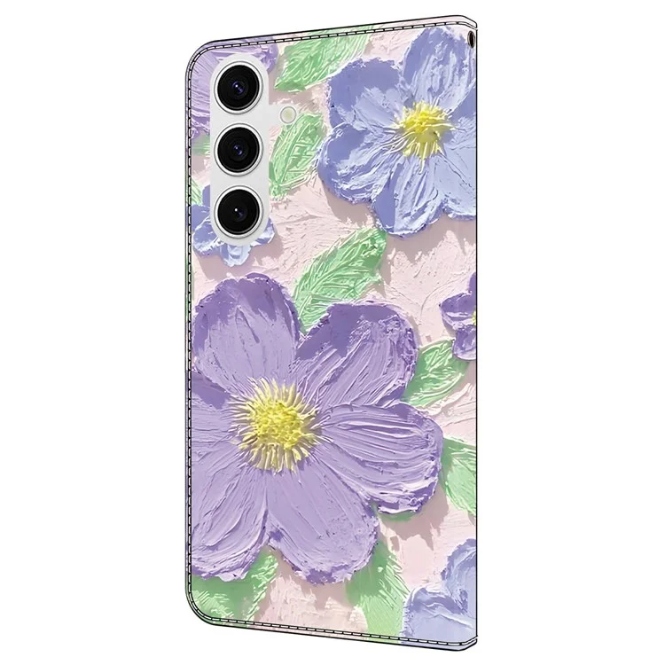 Чехол-книжка для Samsung Galaxy S25 / S24 с узором и защитой от падения - Масляная живопись, фиолетовые цветы