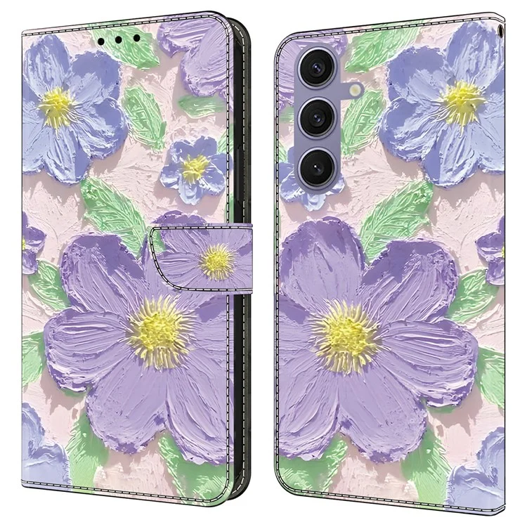 Для чехла Samsung Galaxy S25+ / S24+ с узором, противоударный, кожаный, книжка, кошелек, чехол для телефона - масляная живопись, фиолетовые цветы