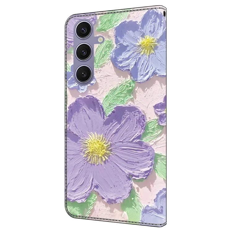 Для чехла Samsung Galaxy S25+ / S24+ с узором, противоударный, кожаный, книжка, кошелек, чехол для телефона - масляная живопись, фиолетовые цветы