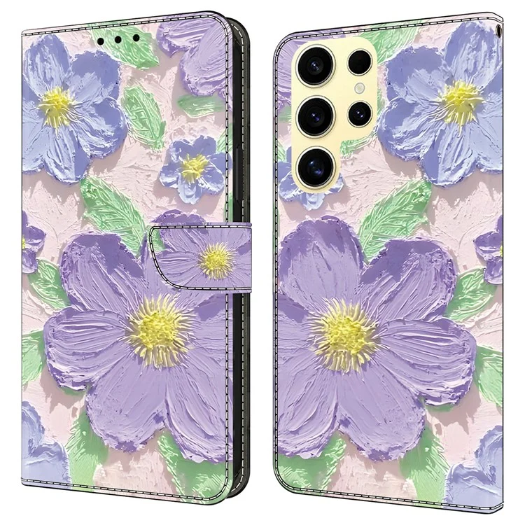 Custodia per Samsung Galaxy S24 Ultra, con stampa a motivo, in pelle anti-caduta, custodia a portafoglio per telefono - Dipinto ad olio con fiori viola