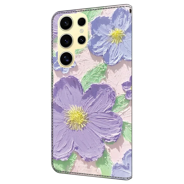 Custodia per Samsung Galaxy S24 Ultra, con stampa a motivo, in pelle anti-caduta, custodia a portafoglio per telefono - Dipinto ad olio con fiori viola