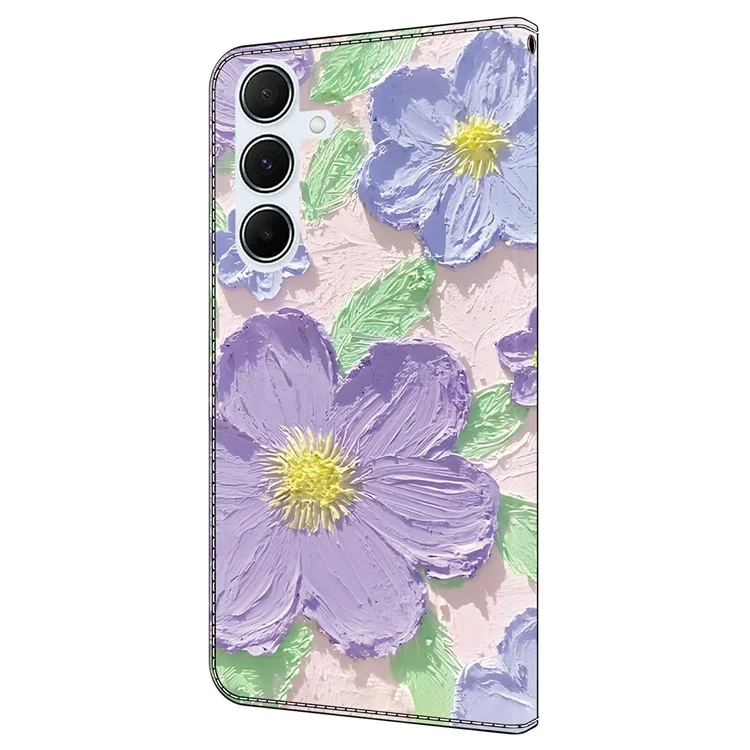 Étui pour Samsung Galaxy A15 5G / 4G avec motif imprimé, anti-chute, portefeuille en cuir à rabat - Peinture à l'huile de fleurs violettes