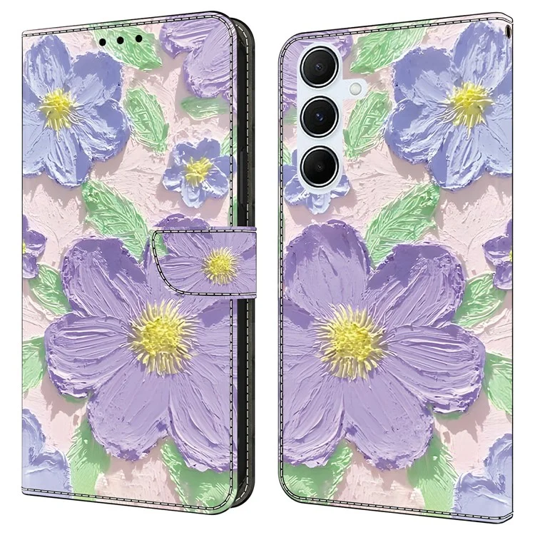 Coque pour Samsung Galaxy A25 5G (version mondiale) (161,0 x 76,5 x 8,3 mm) Motif d'impression antichute Portefeuille en cuir Housse de téléphone - Peinture à l'huile Fleurs violettes