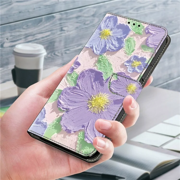 Coque pour Samsung Galaxy A25 5G (version mondiale) (161,0 x 76,5 x 8,3 mm) Motif d'impression antichute Portefeuille en cuir Housse de téléphone - Peinture à l'huile Fleurs violettes