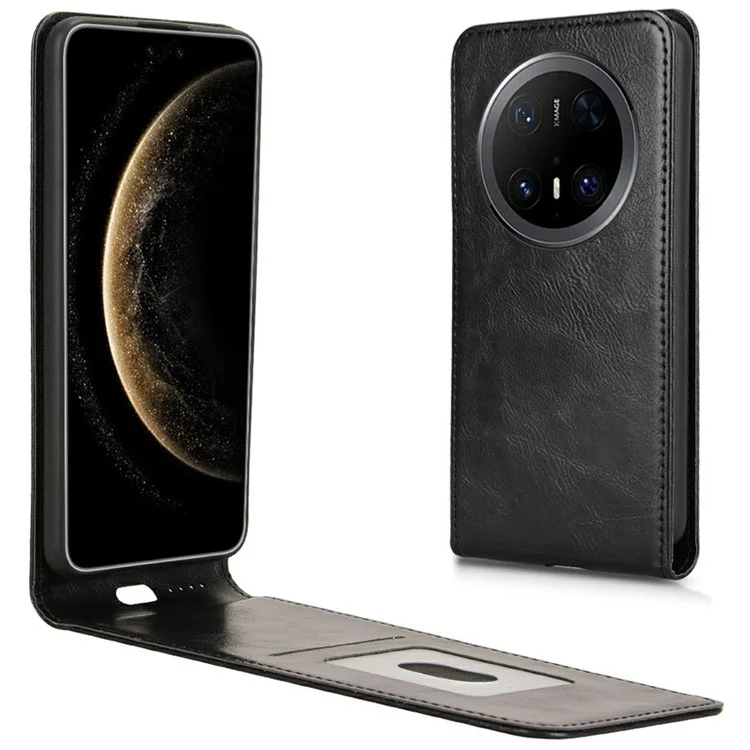 Funda para Huawei Mate 70 Pro / Mate 70 Pro+ con ranura para tarjetas, tapa magnética vertical de cuero - Negro