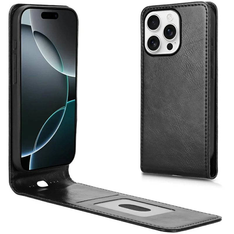 Für iPhone 16 Pro Hülle mit Kartenfach Magnetisches vertikales Flip-Leder-Handyhülle - Schwarz