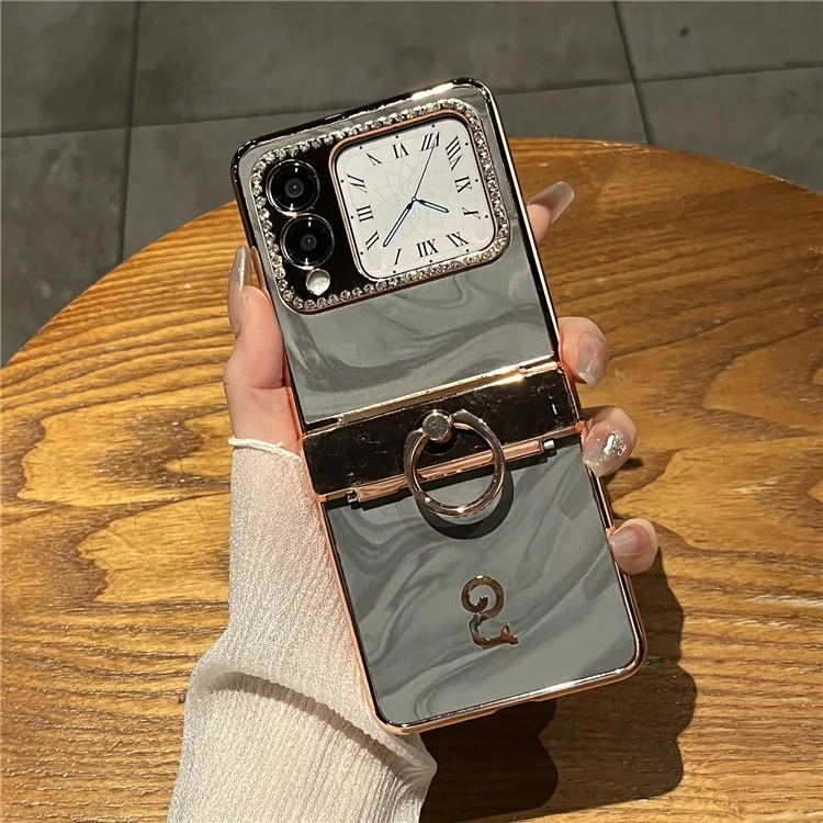 Capa para Huawei nova Flip 5G com anel de suporte, decoração de strass e couro PU com dobragem - Cinza