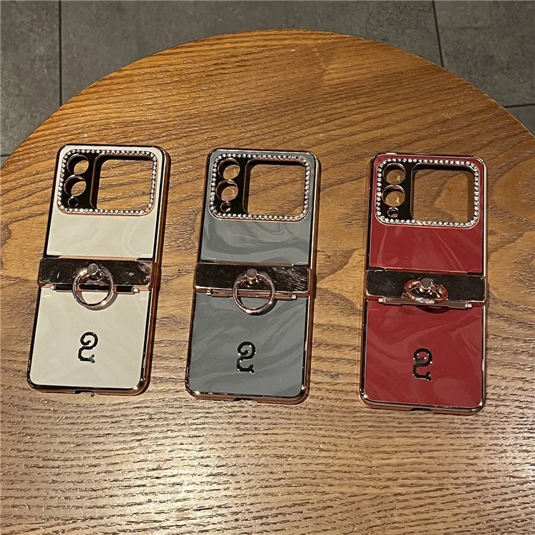 Capa para Huawei nova Flip 5G com anel de suporte, decoração de strass e couro PU com dobragem - Cinza