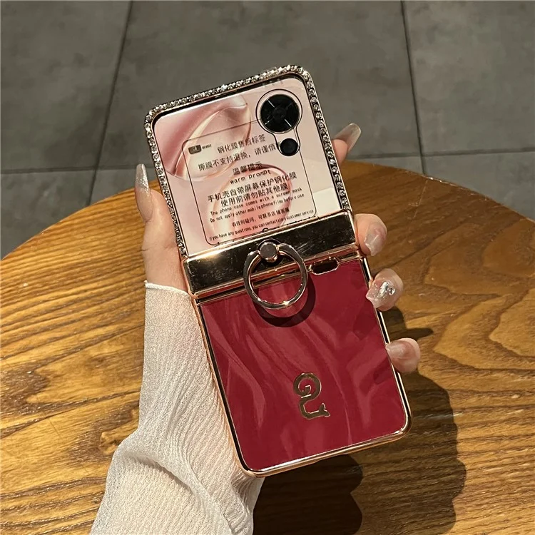 Capa dobrável de couro PU com anel de suporte, decoração de strass e proteção 5G para o Honor Magic V - Vermelho