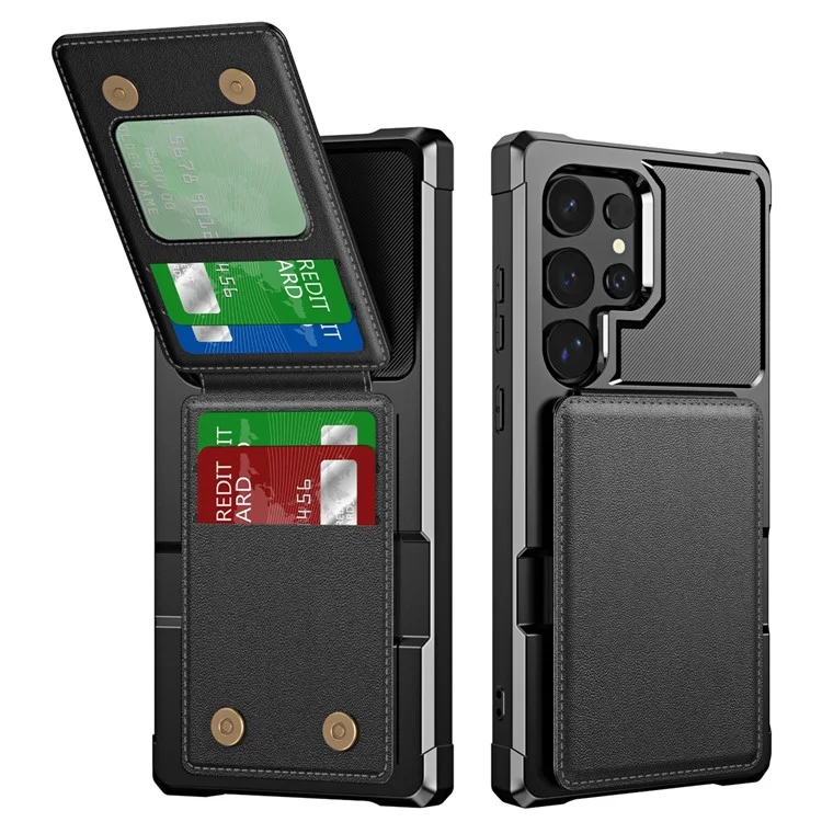 Funda para Samsung Galaxy S25 Ultra con ranura para tarjeta, soporte y cubierta de teléfono de piel de PU + TPU - Negro