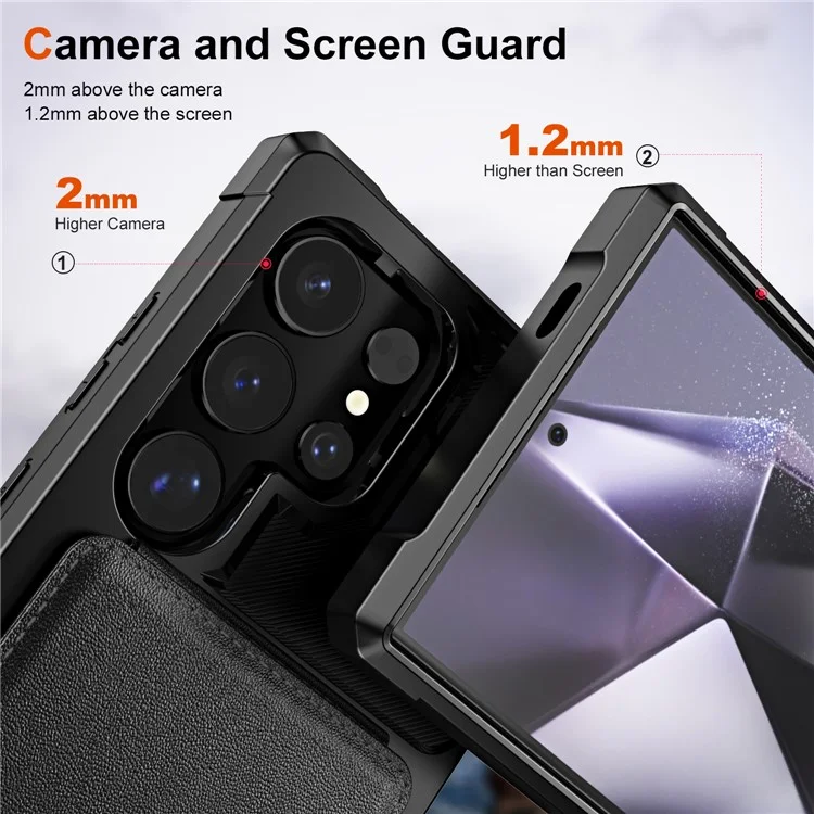 Funda para Samsung Galaxy S25 Ultra con ranura para tarjeta, soporte y cubierta de teléfono de piel de PU + TPU - Negro