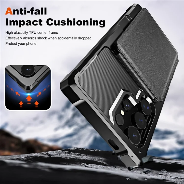 Funda para Samsung Galaxy S25 Ultra con ranura para tarjeta, soporte y cubierta de teléfono de piel de PU + TPU - Negro