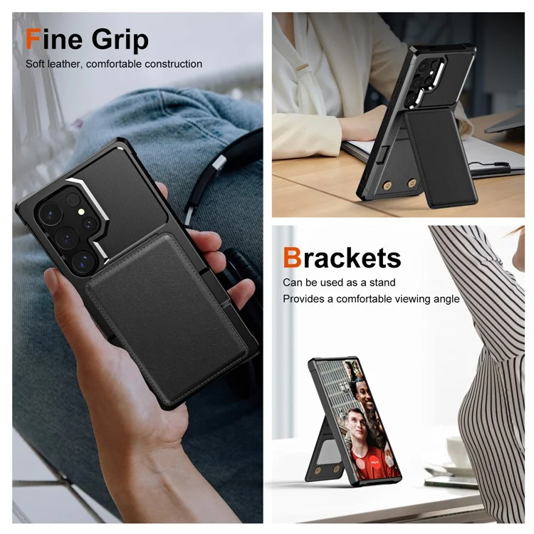 Funda para Samsung Galaxy S25 Ultra con ranura para tarjeta, soporte y cubierta de teléfono de piel de PU + TPU - Negro