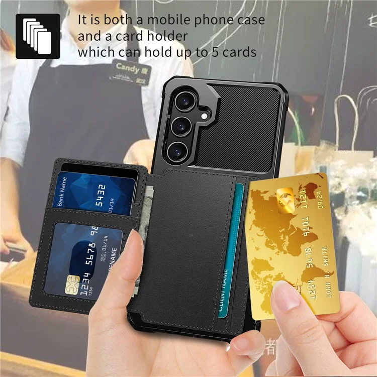 Für Samsung Galaxy S25 Hülle mit Kartenfach PU-Leder + TPU Handy Rückseite - Schwarz