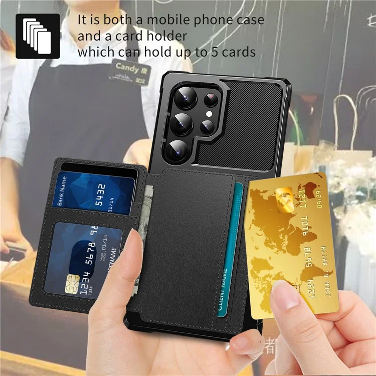 Чехол для Samsung Galaxy S25 Ultra с держателем для карт, из искусственной кожи + ТПУ, задняя крышка для телефона - черный