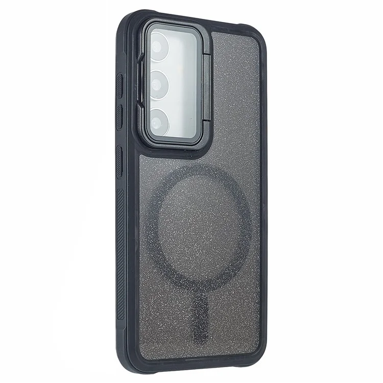 For Samsung Galaxy S25 / S24 Glitter Phone Case Compatible with MagSafe Sparkling Cover with Lens Cover Kickstand - Black