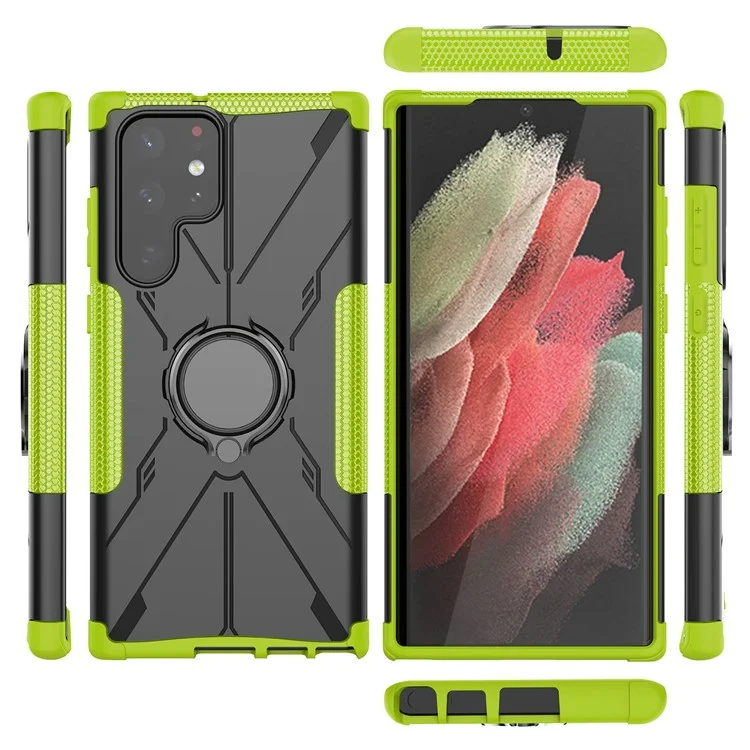 Étui Mince Protecteur Pour Samsung Galaxy S22 Ultra 5G Anti-Fall Téléphone Hard PC Soft TPU Téléphone Avec Ring Kickstand - Vert