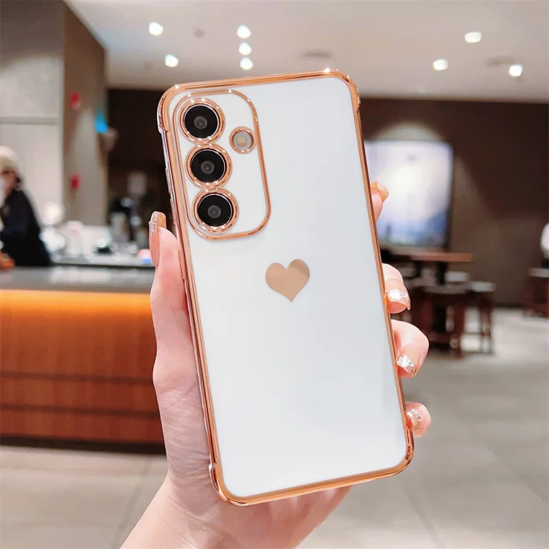For Samsung Galaxy S24 FE Case TPU Phone Back Cover Electroplating Heart Pattern - Ivory White