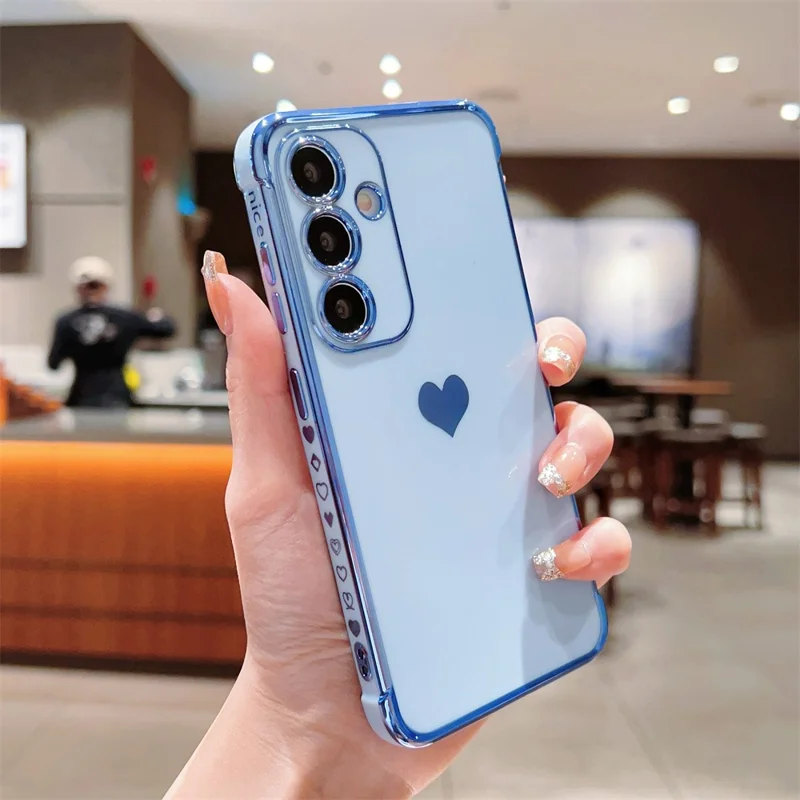 For Samsung Galaxy S24 FE Case TPU Phone Back Cover Electroplating Heart Pattern - Blue