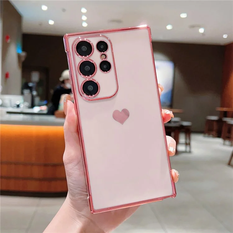 For Samsung Galaxy S24 Ultra Case TPU Phone Back Cover Electroplating Heart Pattern - Rose Pink