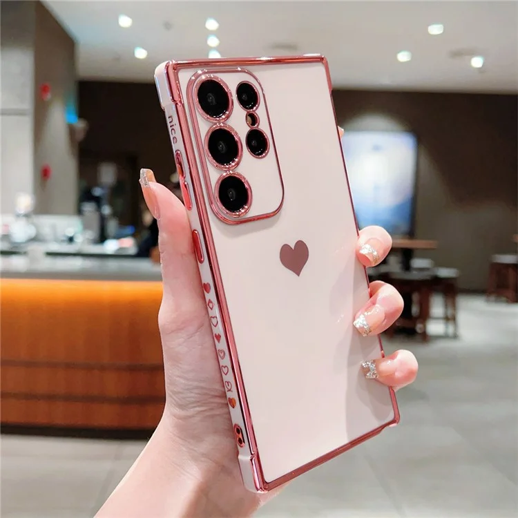 For Samsung Galaxy S24 Ultra Case TPU Phone Back Cover Electroplating Heart Pattern - Rose Pink
